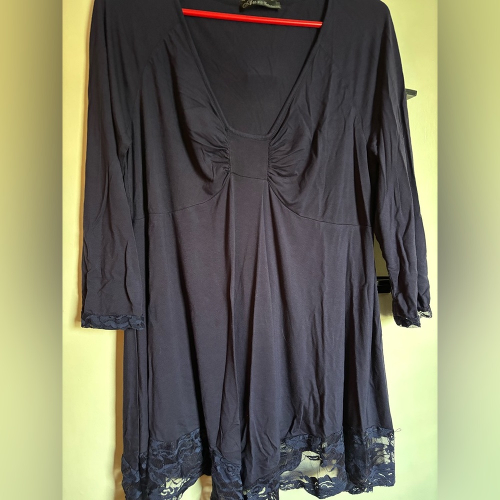 Navy blue babydoll top with lace trim
